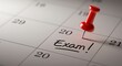 © fatema202 - Exam day marked on calendar with red pin close up reminder