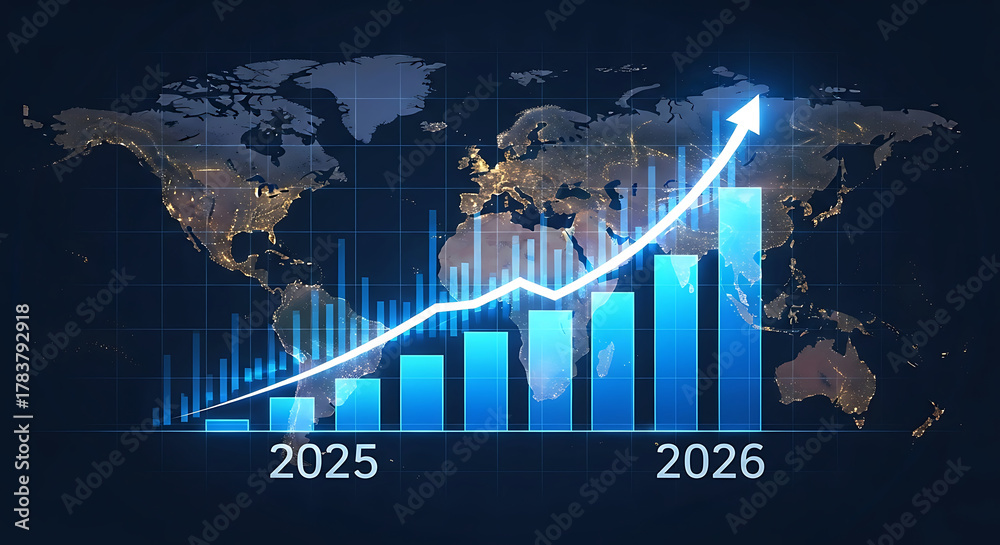 Global growth chart with upward trend line over world map 2025 2026 ...