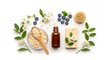 © MAHFUJ - Natural skincare beauty products with oats blueberries and flowers on white