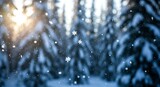 Blue winter landscape with a snow-covered pine tree, falling snowflakes, and rain drops on the window