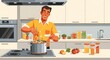 © AbdElrahman - Man happily cooking a healthy meal in a modern kitchen, stirring a pot on the stove with fresh ingredients around him