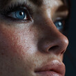 © Marina.Gallery - Close-up of a blue-eyed woman’s freckled face with natural skin texture and detail, showing pores, lashes, and subtle light reflections. Hyperrealistic skin texture and authentic beauty