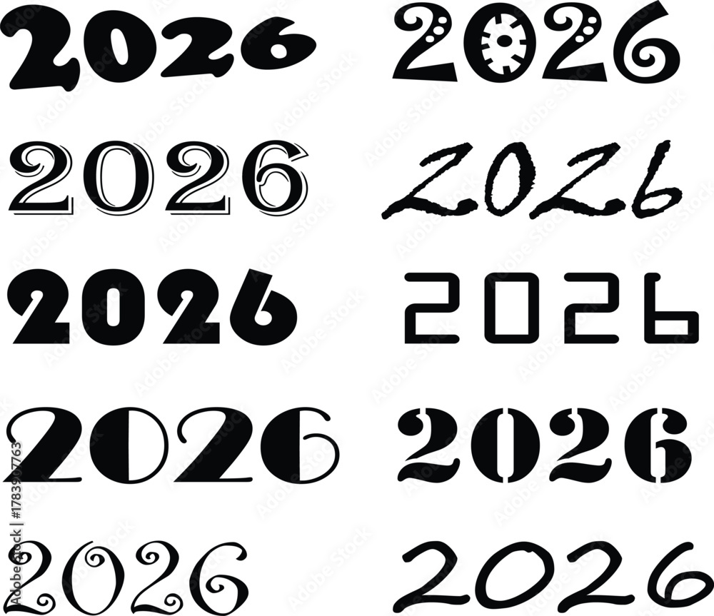 2026 year numbers set with diverse font styles, modern calendar design ...