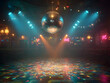 © Jack - Retro style 70s disco club background with groovy dance floor mirror ball hanging from ceiling and colorful spotlights
