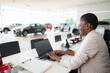 © Jelena - Smiling saleswoman using laptop in car dealership