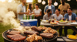 a group of people are having a party with grilled meat on the grill