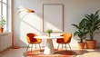 © miss irine - Minimalist modern dining room design features orange accents white walls and a round table. Two chairs a lamp and plants create a stylish atmosphere. Blank picture frame provides space for design.