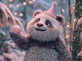 A raccoon character, adorned with a pink party hat and holding a shiny silver ornament, stands in a snowy landscape, amidst snow-laden trees The image has an illustrative style with a - AI-Generated