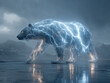© Mister - A glowing, electric bear on a reflective, liquid-like frozen surface in a desolate landscape The setting includes mountains and snow Dramatic lighting with dark clouds overhead, contr - AI-Generated