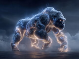 A colossal, upright bear-like entity, emitting lightning bolts, against a backdrop of stormy clouds The creature is depicted in muted shades of gray, blue, and black with contrasting b - AI-Generated
