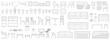 © Tech LAB - Furniture outline front and top view architectural designs. Set of isolated linear interior icons. Vector elements for apartments, living room, bedroom, kitchen, bathroom.