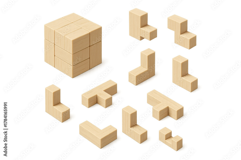 Wood puzzle blocks forming a cube, showing problem-solving, logic, and ...