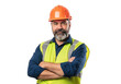 © sujon1638 - Mature bearded man wearing orange hard hat and yellow safety vest with arms crossed isolated on transparent background