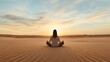 © siraphol - Person meditating cross-legged on sand dunes at sunrise, facing a vast horizon with soft clouds - a serene moment of solitude and mindfulness.