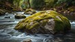 © Dopa-ZA - charnel. A large moss-covered rock in a forest pool with flowing water. gardening catalogs, home-decor guides, designed for home decor and floral branding and gardening and botanical catalogs.