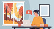© Barirotul - Cheerful man with headset at desk, working from home, podcasting, autumn leaves outside window, modern workspace, cozy feel, streaming content creation