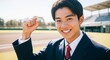 © Stingray_Japan - 高校野球からプロへ：プロ野球のドラフト会議で指名され、笑顔でガッツポーズをしている日本人男子高校生
