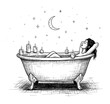 © LIUDMYLA - Woman Relaxing in a Vintage Clawfoot Bathtub. Hand-Drawn Engraving Style Vector for Relaxation and Self-Care.