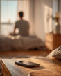 © Brainstorm Solutions - Morning Awakening: A solitary individual is at the start of a new day, seen from behind as sunlight streams into the room. A smartphone rests on a nearby table.