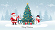 © Ashish - Charming christmas scene featuring santa claus penguin and snowman with decorated tree and gifts
