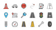 © Criscel - Collection of flat design icons representing transportation and road elements, including a car, gas station, traffic cone, stop sign, map, key, traffic lights, roads with lines, speedometer, wrench