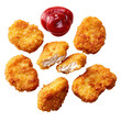 © Vector Boss - Crispy golden chicken nuggets arranged in a circle with a dollop of red ketchup isolated on transparent background