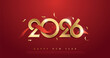 © RMAKE - Chinese Happy New Year 2026 banner with golden text and ribbon on red background. Vector illustration.
