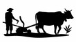 © Farhan - Silhouette of a farmer in a hat plowing a field with a cow on a farm with plants and a traditional tool