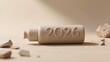 © Roman - A creatively shaped bottle with the number 2026 embossed sits on a plain surface. Surrounding it are small rocks, enhancing the artistic presentation and modern aesthetic