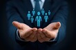 © Worrapol - Hands of Support: A business executive, impeccably dressed in a dark suit, tenderly cradles a representation of a team or people, symbolizing care and support for their workforce.