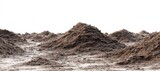 A landscape of brown earth mounds against a white background.  Small hills of dirt, uneven and textured, stretch across the image
