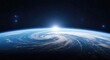 © Designbd25 - View of the earth from space showing a hurricane with the sun rising over the horizon and stars in the background creating a sense of wonder and awe inspiring beauty