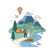 © falih - Adventure hiker with backpack and tent in a scenic mountain landscape with river and hot air balloon.