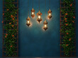 © Noman Shaikh - Ornate Hanging Lanterns and Lush Floral Trellis on Textured Teal Wall, wedding backdrop design