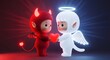 © Artfinity - Charming devil and angel characters holding a glowing heart. Love, emotion, and conflicting good versus evil concept. Cute cartoon mascots standing in red and blue neon light.