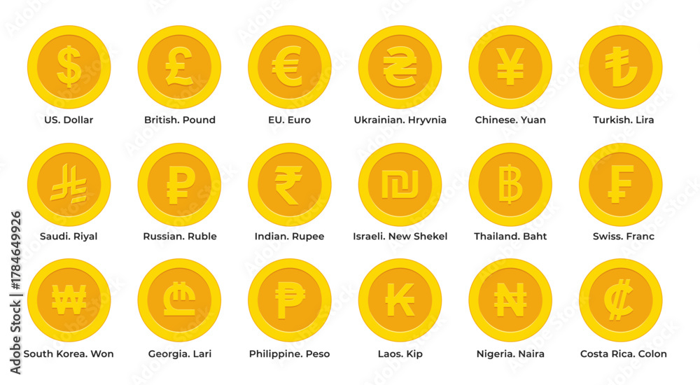 Currency symbols icons set. Vector illustration of coins with ...