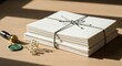 © CHAN - Side-angle mockup of a stack of blank letter papers with matching envelopes, tied with cotton cord. A wax seal and dried flower rest nearby on light wood. Soft daylight — luxury stationery mockup.