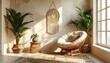 © Prei - Bohemian interior with plants, rattan chair, and macrame wall hanging.