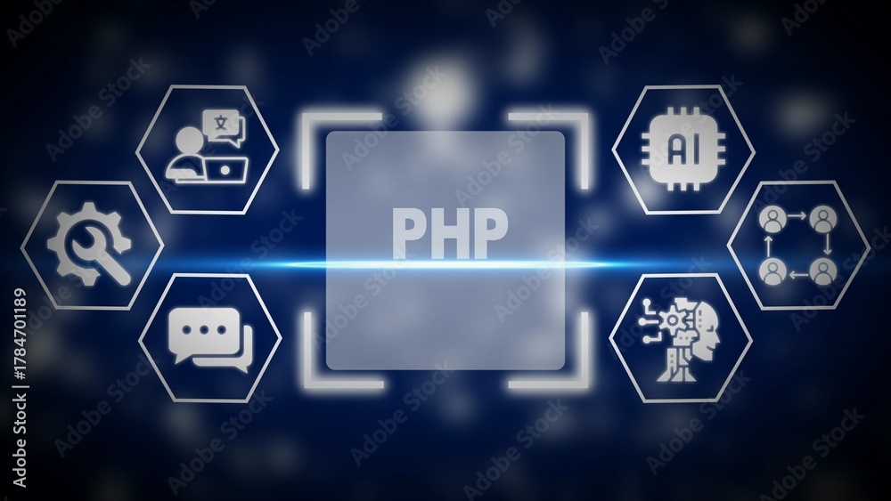 PHP programming language concept with AI and network icons web ...