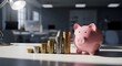 © galih - Pink piggy bank next to ascending coin stacks on an office desk, symbolizing financial growth, strategic savings, and smart investment for business prosperity
