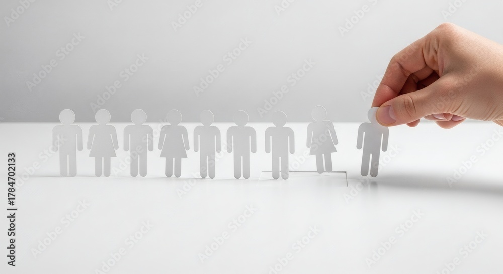 Hiring process showing hand placing paper employee figure with ...