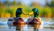 © Geriano - Two male mallard ducks swim in clear water with bright green foliage bokeh in the background, facing one another