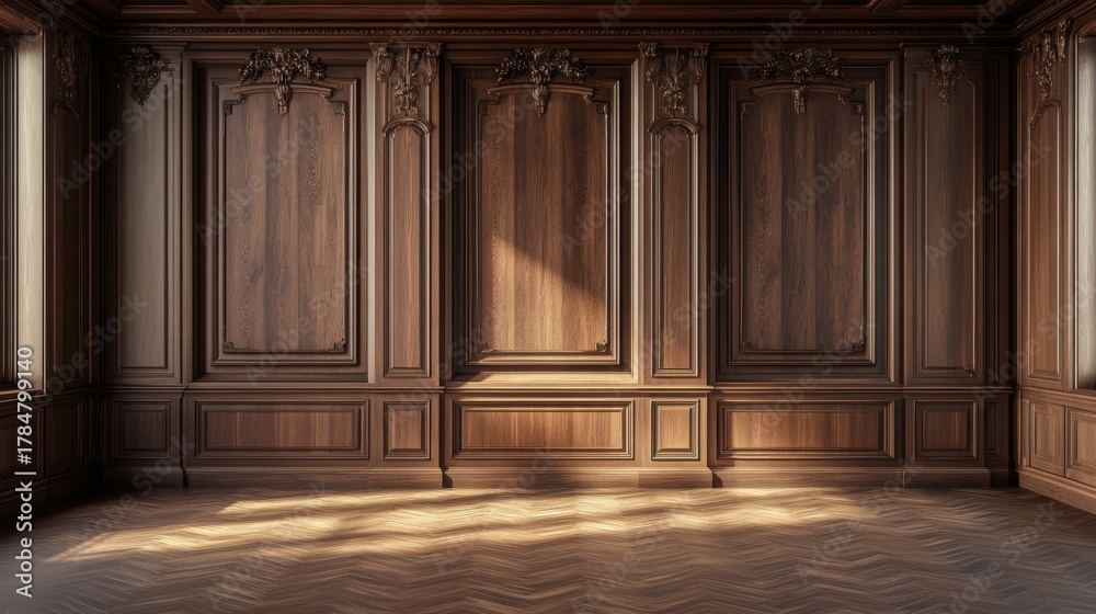 Classic interior empty room with wooden wall panels and sunlight ...