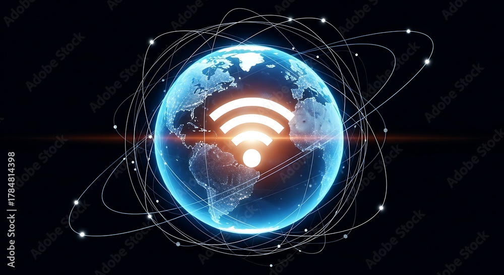 Global connectivity with a glowing earth and wifi symbol, representing ...