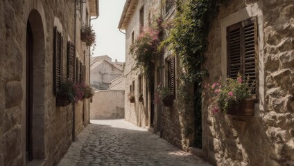  Narrow, stone-walled alleyway in an old European town, with flowering plants & shuttered windows