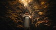 © Mr. Stocker - Woman in an ancient dress on a mystical journey through a rocky gorge. Fantasy narrative of exploration and discovery. Spiritual quest towards a divine light in a golden autumn forest