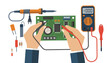 © Naima - Illustration of hands assembling a circuit board with electronic tools and a multimeter on a white background.