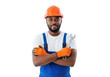 © noyon.me121 - A confident male construction worker wearing a hard hat and blue overalls with orange gloves isolated on transparent background