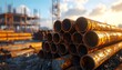 © Matthew - Rusty pipes stacked in a construction site with a building framework and cloudy sky in the background