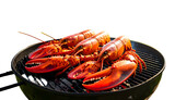Three cooked red crustaceans rest on a hot grill, ready for a feast against a black backdrop
